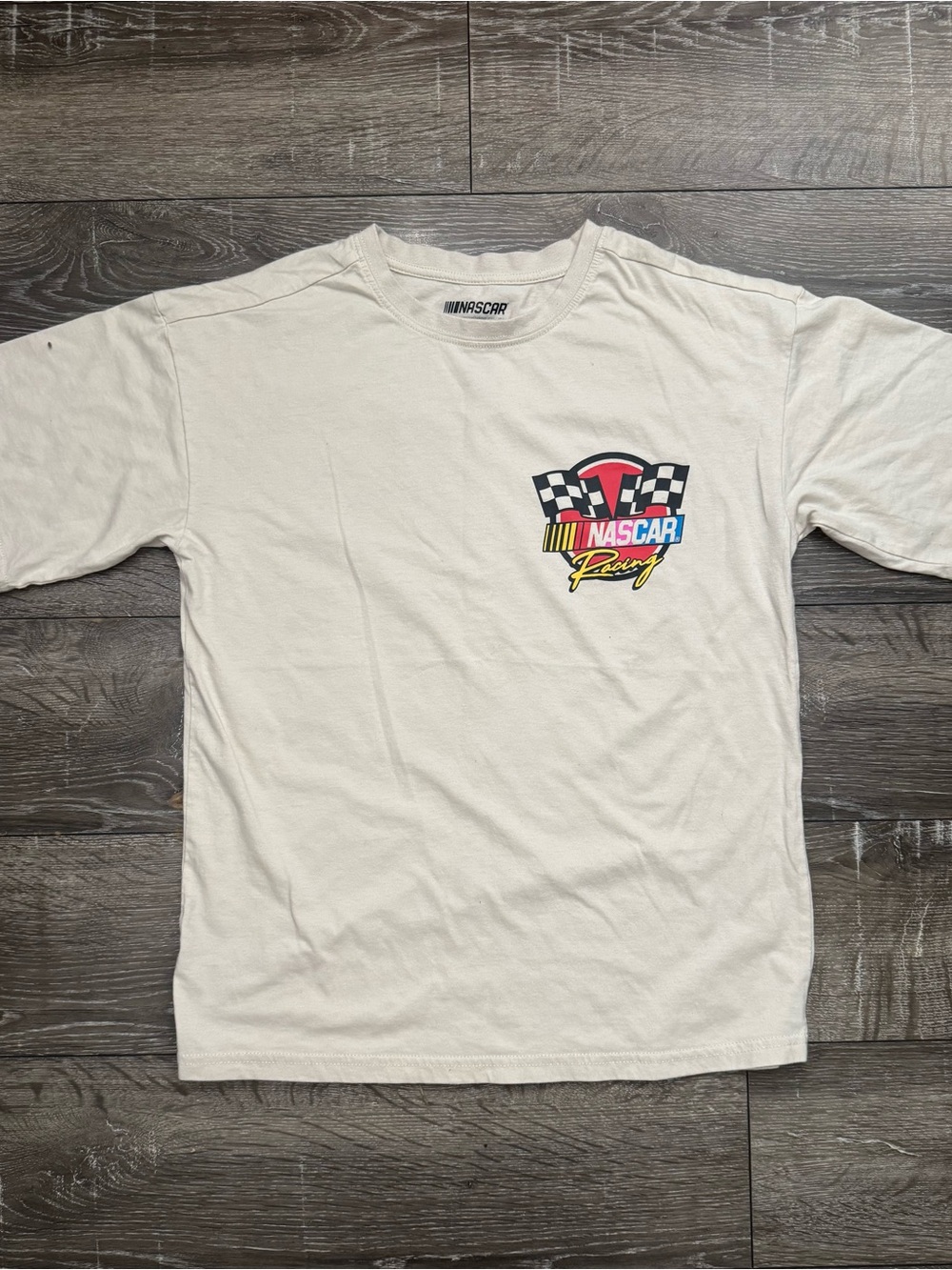 NASCAR Cream Short Sleeve Racing Logo Tee with Multicolor Crest